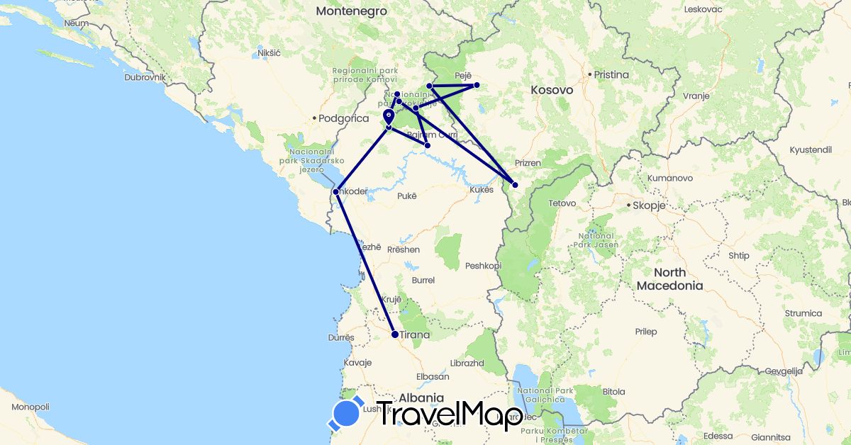 TravelMap itinerary: driving in Albania, Montenegro, Kosovo (Europe)